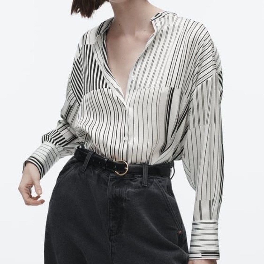 Zara | Collarless Multi Stripe Satin Button Down Blouse